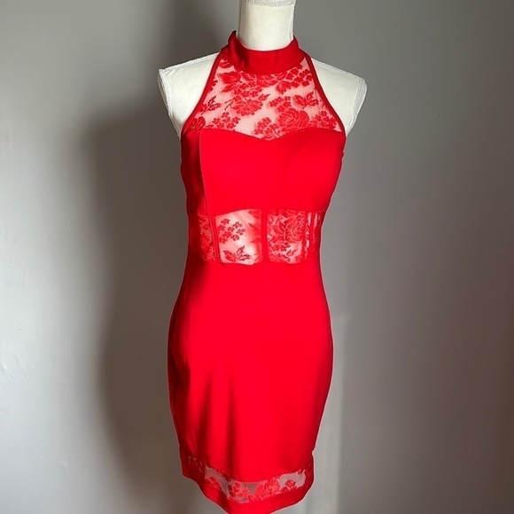 OH-YES Mock Neck Red Lace Bodycon Dress - Picture 1 of 6